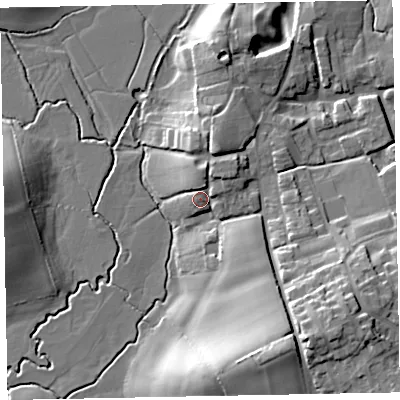 Shaded relief map of the ground around EX53EW, computed from Environment Agency LiDAR. The ground here sits at about 22 m above sea level and falls 22 m across the surrounding 800 m. Surface water reaching this point runs off ground lying to the north-east, 4.8 m higher.