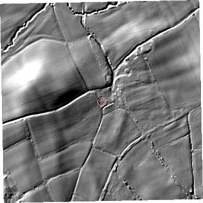 Shaded relief map of the ground around EX53HY, computed from Environment Agency LiDAR. The ground here sits at about 20 m above sea level and falls 12 m across the surrounding 800 m. Surface water reaching this point runs off ground lying to the west, 2.9 m higher.