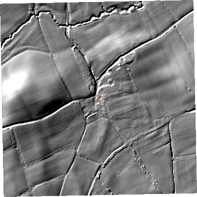 Shaded relief map of the ground around EX53HZ, computed from Environment Agency LiDAR. The ground here sits at about 19 m above sea level and falls 12 m across the surrounding 800 m. Surface water reaching this point runs off ground lying to the west, 11.4 m higher.