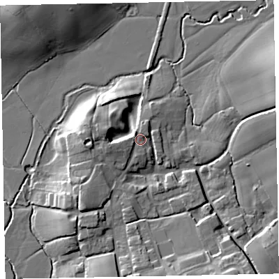 Shaded relief map of the ground around EX53JG, computed from Environment Agency LiDAR. The ground here sits at about 22 m above sea level and falls 15 m across the surrounding 800 m. Surface water reaching this point runs off ground lying to the west, 2.0 m higher.