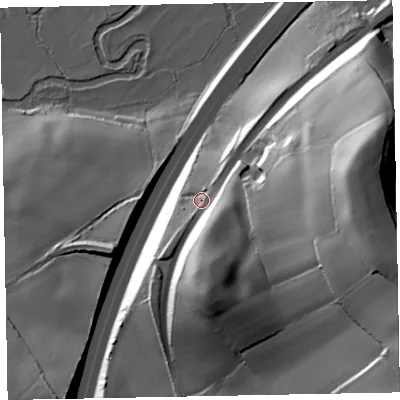 Shaded relief map of the ground around EX53JU, computed from Environment Agency LiDAR. The ground here sits at about 51 m above sea level and falls 50 m across the surrounding 800 m. Surface water reaching this point runs off ground lying to the south, 20.7 m higher.