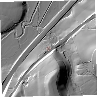 Shaded relief map of the ground around EX53JZ, computed from Environment Agency LiDAR. The ground here sits at about 43 m above sea level and falls 55 m across the surrounding 800 m. Surface water reaching this point runs off ground lying to the south-west, 4.4 m higher.