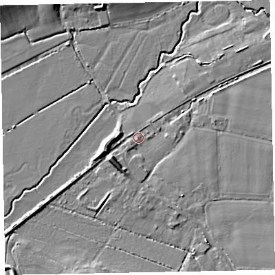 Shaded relief map of the ground around EX53LY, computed from Environment Agency LiDAR. The ground here sits at about 15 m above sea level and falls 8 m across the surrounding 800 m. Surface water reaching this point runs off ground lying to the east, 3.5 m higher.
