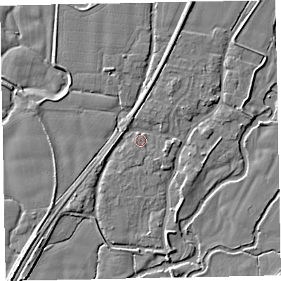 Shaded relief map of the ground around EX54AA, computed from Environment Agency LiDAR. The ground here sits at about 21 m above sea level and falls 6 m across the surrounding 800 m. Surface water reaching this point runs off ground lying to the north-north-east, 2.9 m higher.