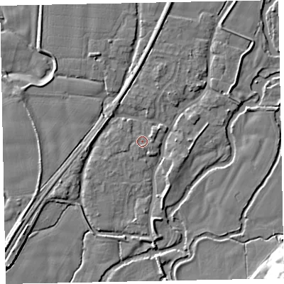 Shaded relief map of the ground around EX54AB, computed from Environment Agency LiDAR. The ground here sits at about 21 m above sea level and falls 15 m across the surrounding 800 m. Surface water reaching this point runs off ground lying to the south, 0.8 m higher.