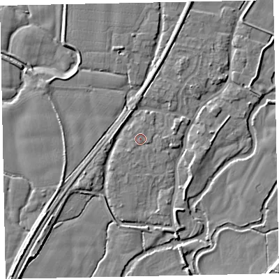 Shaded relief map of the ground around EX54AD, computed from Environment Agency LiDAR. The ground here sits at about 21 m above sea level and falls 7 m across the surrounding 800 m. Surface water reaching this point runs off ground lying to the north-east, 0.8 m higher.