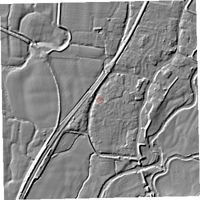 Shaded relief map of the ground around EX54AE, computed from Environment Agency LiDAR. The ground here sits at about 21 m above sea level and falls 6 m across the surrounding 800 m. Surface water reaching this point runs off ground lying to the north-north-east, 2.4 m higher.