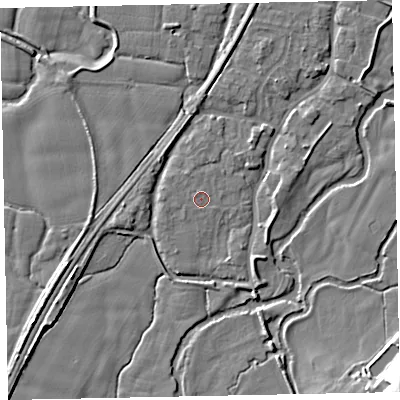 Shaded relief map of the ground around EX54AF, computed from Environment Agency LiDAR. The ground here sits at about 21 m above sea level and falls 16 m across the surrounding 800 m. Surface water reaching this point runs off ground lying to the north-north-west, 0.9 m higher.