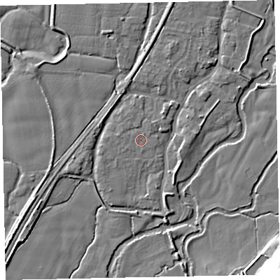 Shaded relief map of the ground around EX54AG, computed from Environment Agency LiDAR. The ground here sits at about 21 m above sea level and falls 17 m across the surrounding 800 m. Surface water reaching this point runs off ground lying to the north-east, 1.0 m higher.