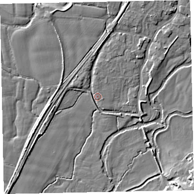 Shaded relief map of the ground around EX54AH, computed from Environment Agency LiDAR. The ground here sits at about 20 m above sea level and falls 11 m across the surrounding 800 m. Surface water reaching this point runs off ground lying to the north, 3.5 m higher.