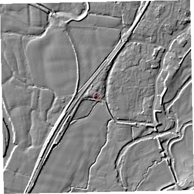 Shaded relief map of the ground around EX54AJ, computed from Environment Agency LiDAR. The ground here sits at about 21 m above sea level and falls 6 m across the surrounding 800 m. Surface water reaching this point runs off ground lying to the west-north-west, 2.0 m higher.
