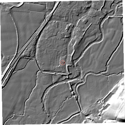Shaded relief map of the ground around EX54AL, computed from Environment Agency LiDAR. The ground here sits at about 20 m above sea level and falls 33 m across the surrounding 800 m. Surface water reaching this point runs off ground lying to the north, 3.0 m higher.
