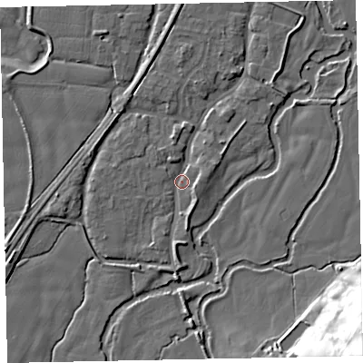 Shaded relief map of the ground around EX54AN, computed from Environment Agency LiDAR. The ground here sits at about 20 m above sea level and falls 32 m across the surrounding 800 m. Surface water reaching this point runs off ground lying to the north, 3.6 m higher.