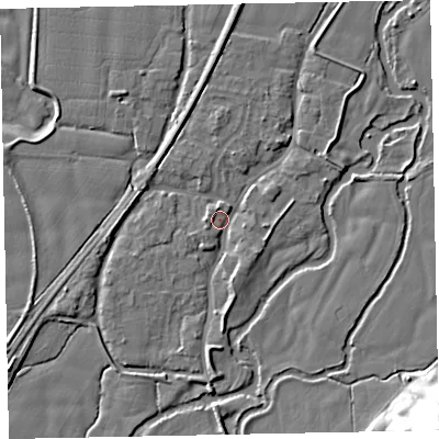 Shaded relief map of the ground around EX54AP, computed from Environment Agency LiDAR. The ground here sits at about 21 m above sea level and falls 22 m across the surrounding 800 m. Surface water reaching this point runs off ground lying to the north, 3.6 m higher.