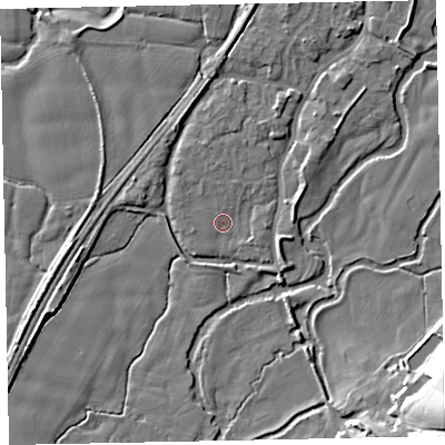 Shaded relief map of the ground around EX54AQ, computed from Environment Agency LiDAR. The ground here sits at about 20 m above sea level and falls 20 m across the surrounding 800 m. Surface water reaching this point runs off ground lying to the north-north-west, 1.2 m higher.