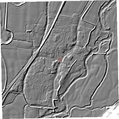 Shaded relief map of the ground around EX54AR, computed from Environment Agency LiDAR. The ground here sits at about 20 m above sea level and falls 17 m across the surrounding 800 m. Surface water reaching this point runs off ground lying to the north, 3.8 m higher.