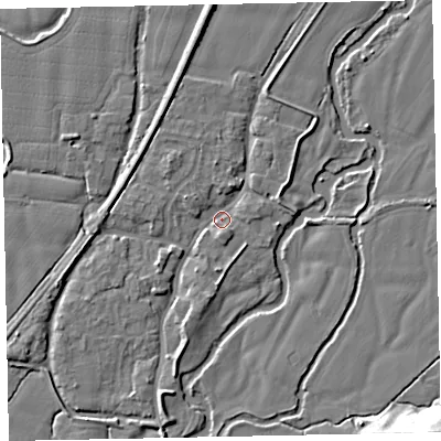 Shaded relief map of the ground around EX54AS, computed from Environment Agency LiDAR. The ground here sits at about 21 m above sea level and falls 15 m across the surrounding 800 m. Surface water reaching this point runs off ground lying to the north, 3.4 m higher.
