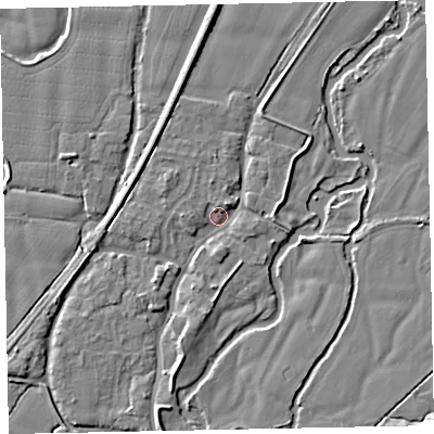 Shaded relief map of the ground around EX54AT, computed from Environment Agency LiDAR. The ground here sits at about 21 m above sea level and falls 6 m across the surrounding 800 m. Surface water reaching this point runs off ground lying to the north, 4.0 m higher.