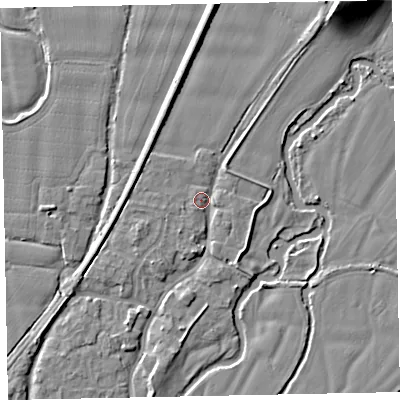 Shaded relief map of the ground around EX54AU, computed from Environment Agency LiDAR. The ground here sits at about 22 m above sea level and falls 13 m across the surrounding 800 m. Surface water reaching this point runs off ground lying to the north-east, 12.0 m higher.
