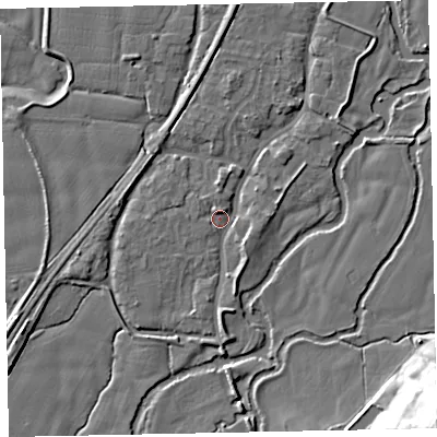 Shaded relief map of the ground around EX54AW, computed from Environment Agency LiDAR. The ground here sits at about 20 m above sea level and falls 25 m across the surrounding 800 m. Surface water reaching this point runs off ground lying to the north-north-west, 2.2 m higher.