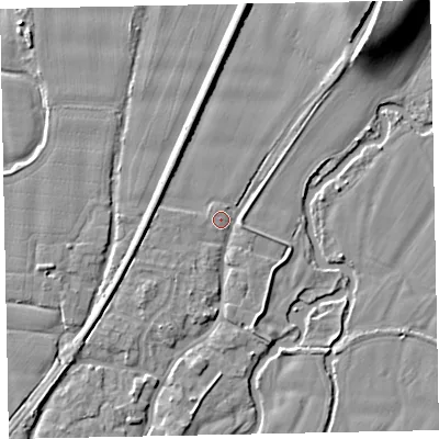 Shaded relief map of the ground around EX54AX, computed from Environment Agency LiDAR. The ground here sits at about 22 m above sea level and falls 15 m across the surrounding 800 m. Surface water reaching this point runs off ground lying to the west-north-west, 0.9 m higher.