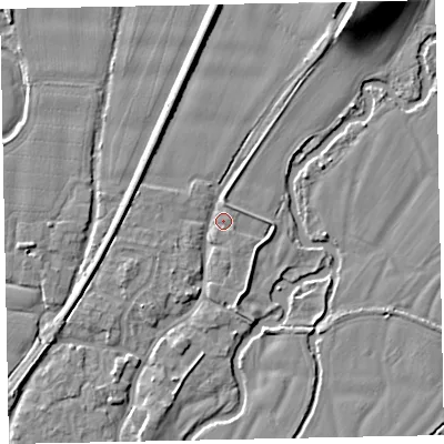 Shaded relief map of the ground around EX54AY, computed from Environment Agency LiDAR. The ground here sits at about 22 m above sea level and falls 14 m across the surrounding 800 m. Surface water reaching this point runs off ground lying to the north-north-east, 12.6 m higher.