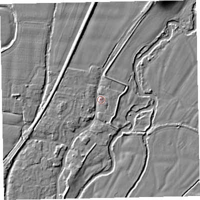 Shaded relief map of the ground around EX54AZ, computed from Environment Agency LiDAR. The ground here sits at about 22 m above sea level and falls 9 m across the surrounding 800 m. Surface water reaching this point runs off ground lying to the north-north-east, 5.0 m higher.