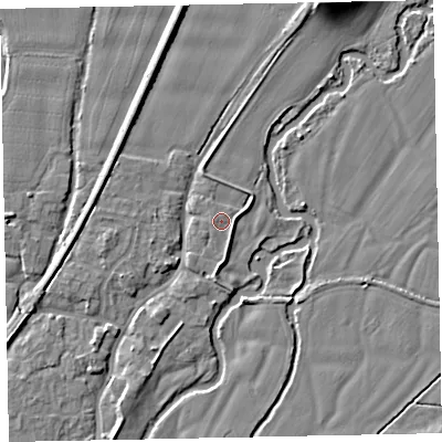 Shaded relief map of the ground around EX54BA, computed from Environment Agency LiDAR. The ground here sits at about 22 m above sea level and falls 10 m across the surrounding 800 m. Surface water reaching this point runs off ground lying to the north, 1.8 m higher.