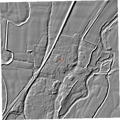 Shaded relief map of the ground around EX54BB, computed from Environment Agency LiDAR. The ground here sits at about 22 m above sea level and falls 6 m across the surrounding 800 m. Surface water reaching this point runs off ground lying to the west-north-west, 1.0 m higher.