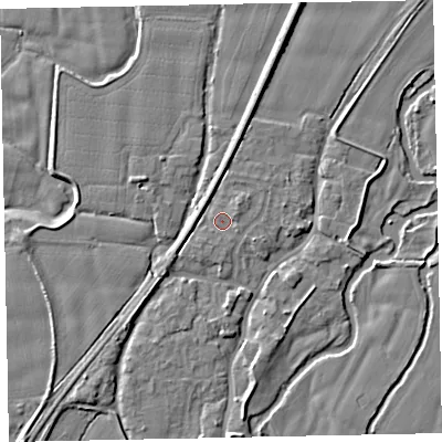 Shaded relief map of the ground around EX54BD, computed from Environment Agency LiDAR. The ground here sits at about 21 m above sea level and falls 6 m across the surrounding 800 m. Surface water reaching this point runs off ground lying to the east-north-east, 1.3 m higher.