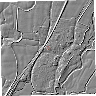 Shaded relief map of the ground around EX54BE, computed from Environment Agency LiDAR. The ground here sits at about 21 m above sea level and falls 6 m across the surrounding 800 m. Surface water reaching this point runs off ground lying to the north-east, 0.7 m higher.