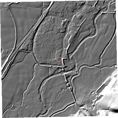 Shaded relief map of the ground around EX54BG, computed from Environment Agency LiDAR. The ground here sits at about 20 m above sea level and falls 33 m across the surrounding 800 m. Surface water reaching this point runs off ground lying to the north-north-east, 2.9 m higher.