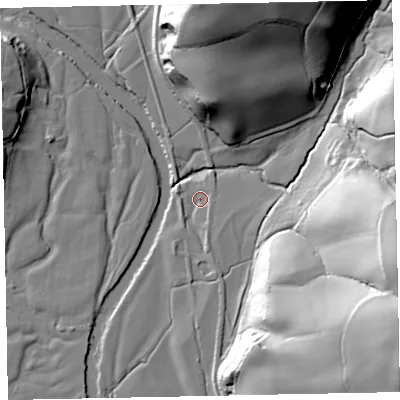 Shaded relief map of the ground around EX54BR, computed from Environment Agency LiDAR. The ground here sits at about 40 m above sea level and falls 51 m across the surrounding 800 m. Surface water reaching this point runs off ground lying to the south, 2.9 m higher.
