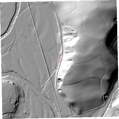 Shaded relief map of the ground around EX54BS, computed from Environment Agency LiDAR. The ground here sits at about 43 m above sea level and falls 70 m across the surrounding 800 m. Surface water reaching this point runs off ground lying to the north-east, 67.6 m higher.