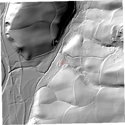Shaded relief map of the ground around EX54BT, computed from Environment Agency LiDAR. The ground here sits at about 53 m above sea level and falls 87 m across the surrounding 800 m. Surface water reaching this point runs off ground lying to the south-east, 14.2 m higher.