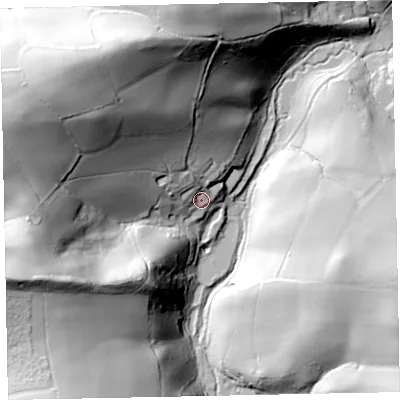 Shaded relief map of the ground around EX54BU, computed from Environment Agency LiDAR. The ground here sits at about 69 m above sea level and falls 91 m across the surrounding 800 m. Surface water reaching this point runs off ground lying to the north-west, 76.7 m higher.