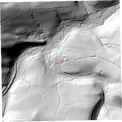Shaded relief map of the ground around EX54BZ, computed from Environment Agency LiDAR. The ground here sits at about 74 m above sea level and falls 89 m across the surrounding 800 m. Surface water reaching this point runs off ground lying to the east, 43.1 m higher.