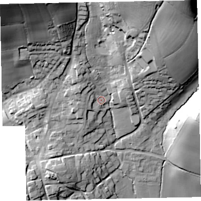 Shaded relief map of the ground around EX54DJ, computed from Environment Agency LiDAR. The ground here sits at about 83 m above sea level and falls 66 m across the surrounding 800 m. Surface water reaching this point runs off ground lying to the north-west, 10.3 m higher.