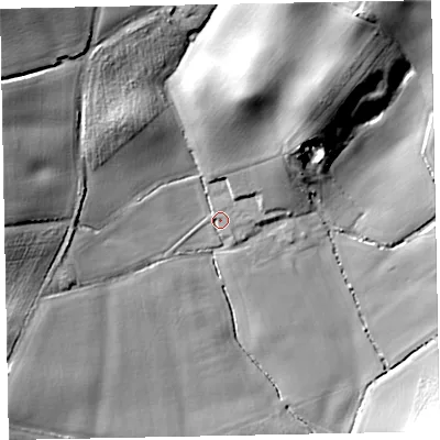Shaded relief map of the ground around EX54DU, computed from Environment Agency LiDAR. The ground here sits at about 35 m above sea level and falls 27 m across the surrounding 800 m. Surface water reaching this point runs off ground lying to the north-east, 20.4 m higher.