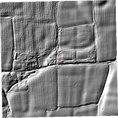 Shaded relief map of the ground around EX54DZ, computed from Environment Agency LiDAR. The ground here sits at about 27 m above sea level and falls 5 m across the surrounding 800 m. Surface water reaching this point runs off ground lying to the south-south-east, 1.0 m higher.