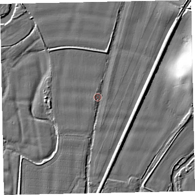 Shaded relief map of the ground around EX54ED, computed from Environment Agency LiDAR. The ground here sits at about 23 m above sea level and falls 14 m across the surrounding 800 m. Surface water reaching this point runs off ground lying to the north-north-east, 2.3 m higher.