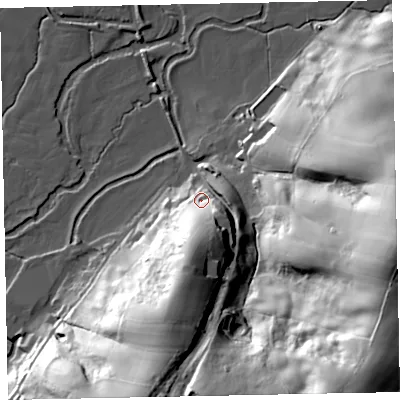 Shaded relief map of the ground around EX54EE, computed from Environment Agency LiDAR. The ground here sits at about 29 m above sea level and falls 70 m across the surrounding 800 m. Surface water reaching this point runs off ground lying to the south, 28.4 m higher.