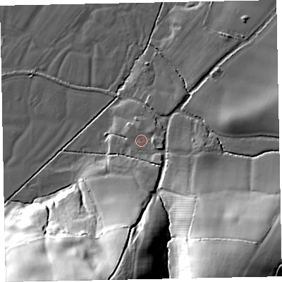 Shaded relief map of the ground around EX54EJ, computed from Environment Agency LiDAR. The ground here sits at about 24 m above sea level and falls 45 m across the surrounding 800 m. Surface water reaching this point runs off ground lying to the east-south-east, 2.0 m higher.