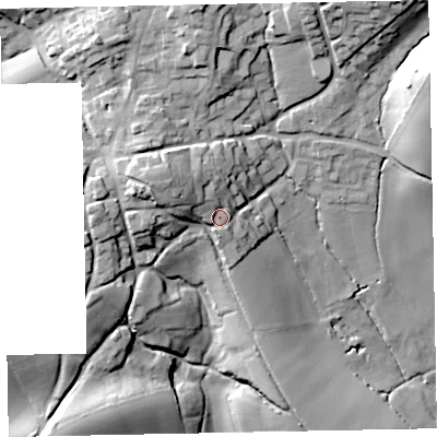 Shaded relief map of the ground around EX54HS, computed from Environment Agency LiDAR. The ground here sits at about 77 m above sea level and falls 42 m across the surrounding 800 m. Surface water reaching this point runs off ground lying to the west-north-west, 10.9 m higher.