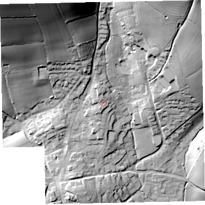 Shaded relief map of the ground around EX54JB, computed from Environment Agency LiDAR. The ground here sits at about 89 m above sea level and falls 82 m across the surrounding 800 m. Surface water reaching this point runs off ground lying to the north-north-west, 3.0 m higher.