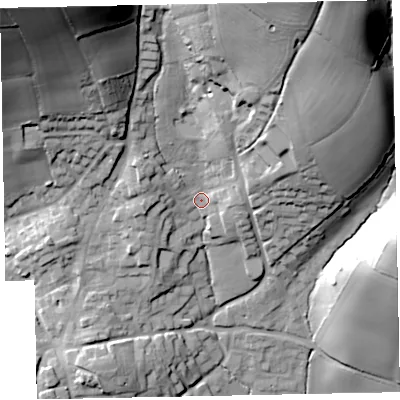 Shaded relief map of the ground around EX54JU, computed from Environment Agency LiDAR. The ground here sits at about 84 m above sea level and falls 75 m across the surrounding 800 m. Surface water reaching this point runs off ground lying to the north-west, 51.8 m higher.