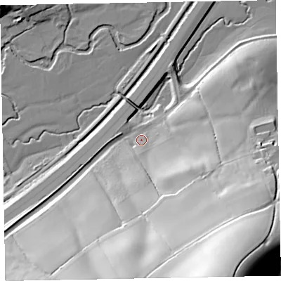 Shaded relief map of the ground around EX54LD, computed from Environment Agency LiDAR. The ground here sits at about 45 m above sea level and falls 62 m across the surrounding 800 m. Surface water reaching this point runs off ground lying to the south-south-east, 55.6 m higher.