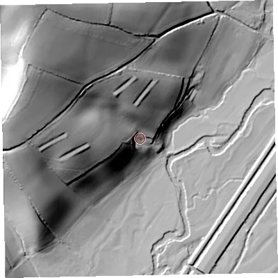 Shaded relief map of the ground around EX54LQ, computed from Environment Agency LiDAR. The ground here sits at about 53 m above sea level and falls 80 m across the surrounding 800 m. Surface water reaching this point runs off ground lying to the north-west, 69.8 m higher.
