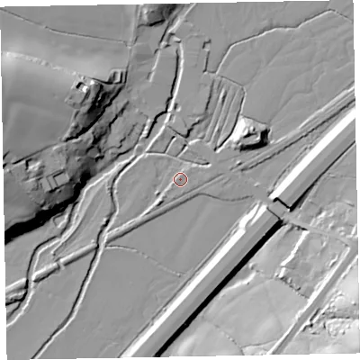 Shaded relief map of the ground around EX54PL, computed from Environment Agency LiDAR. The ground here sits at about 37 m above sea level and falls 35 m across the surrounding 800 m. Surface water reaching this point runs off ground lying to the west-south-west, 0.7 m higher.