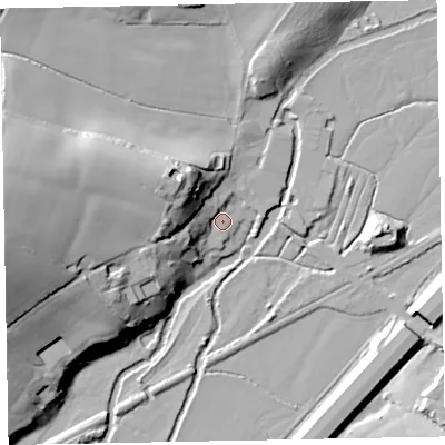 Shaded relief map of the ground around EX54PN, computed from Environment Agency LiDAR. The ground here sits at about 38 m above sea level and falls 40 m across the surrounding 800 m. Surface water reaching this point runs off ground lying to the west-north-west, 20.3 m higher.
